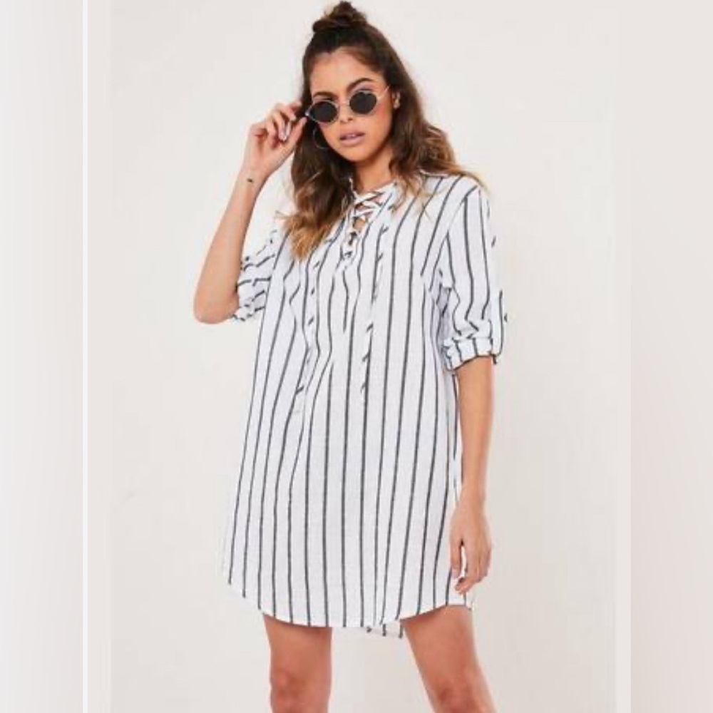 Missguided Shirt Dress Lace Up Front Tunic Style Vertical Stripe Mini Loose Fit